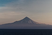 Shishaldin (9,373 ft; 2,857 m) volcano as seen from the Unimak Pass in the morning light.