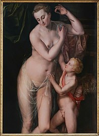 Anonymer Antwerpener Maler. Venus und Amor. Öl auf Holz, 16. Jahrhundert.