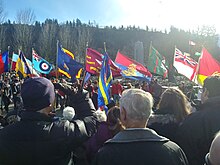 Flags marching through a crowd