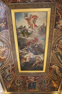 Neoclassical ceiling of the Salle Duchâtel in the Louvre Palace, with The Triumph of French Painting. Apotheosis of Poussin, Le Sueur and Le Brun in the centre, by Charles Meynier, 1822, and ceilings panels with medallion portraits of French painters, 1828-1833[8]