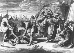Black-and-white sketch depicting turbaned men and tents in a battle camp and an opposing leader being subdued on the ground