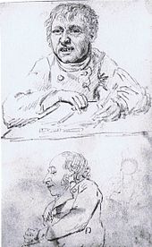 Zweiteilige Skizze von einem Mann, der oben auf ein Blatt zeichnet, und unten von einem Mann im linken Profil.