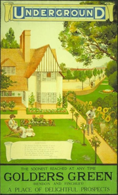 A poster shows the well-kept garden of an early 20th century suburban house. A mother and daughter sit on the lawn, while the father waters a row of sunflowers. Beyond the house, a wide tree-lined street recedes towards the horizon, where a red train leaves a station. The Underground logo appears at the top of the poster and at the bottom the slogan "The Soonest Reached at any Time: Golders Green (Hendon and Finchley) A Place of Delightful Prospects".