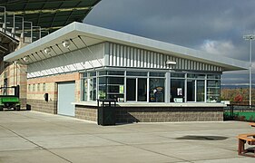 The concession stand at Hillsboro Stadium, in Hillsboro, Oregon, is an outdoor stand at a football field.