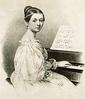 Lithograph of a young girl at the piano, with a hand on the keyboard but the face turned back, dressed in a festive gown