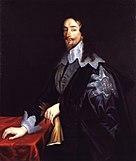 This is an oil painting by Sir Anthony Van Doc, the subject is King Charles I of England. In his left hand he holds a pair of leather gloves, he is donned with a dark blue velvet cape. his face is very angular with a long chin accompanied by a wispy mustache and goatee.