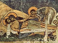 Lamentation of Christ found in the Church of St. Panteleimon (Nerezi) in Macedonia. The fresco dates back to the 12th century.