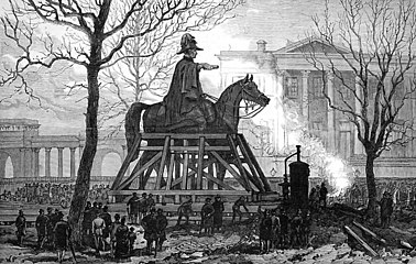 The statue being moved to storage in 1883