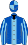 Royal blue, sky blue stripe, striped sleeves, quartered cap