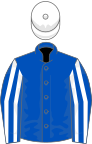 Royal blue, white striped sleeves, white cap