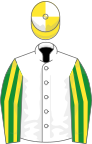 White, green and yellow striped sleeves, yellow and white quartered cap