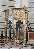 Pulpit in the Pisa Baptistery by Nicola Pisano; 1260; marble; height: 4.6 m.[31]
