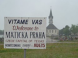 Welcome sign of Praha, Texas