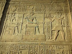Ptolemy VI Philometor makes an offering to Hathor and Horus at Kom Ombo