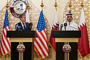 Secretary Blinken with Qatari Deputy Prime Minister and Foreign Minister Mohammed bin Abdulrahman Al Thani in Doha, Qatar, September 2021