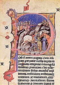 In the initial "P", Prince Ladislaus is fighting a duel with a Cuman warrior (Chronicon Pictum, 1358)