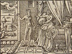 Morpheus appears to Alcyone. Engraving by Virgil Solis for Ovid's Metamorphoses Book XI, 650–749.