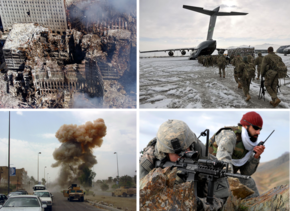 Im Uhrzeigersinn von oben rechts: Die Ruinen des World Trade Centers nach den Anschlägen vom 11. September 2001; US-Soldaten mit einem Transportflugzeug in Afghanistan; eine Bombe explodiert nahe einem US-Konvoi bei Bagdad; US-Soldaten im Gefecht in Afghanistan