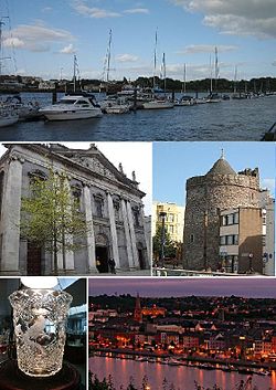 From top, left to right: Waterford Marina, Holy Trinity Cathedral, Reginald's Tower, a piece of Waterford Crystal, Waterford City by night