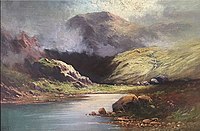 Henry Bates Joel's 1890's 'Scottish Highlands'; a late-romantic stylized interpretation of nature typical of Victorian painting.