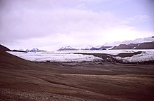 Axel Heiberg Island, Expedition Valley with White Glacier (left) and Thompson Glacier (right). July 3, 1988.