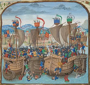 A colourful Medieval depiction of a naval battle