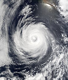 A satellite image of a hurricane well to the west of the Pacific coast of Mexico