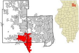 Location of Aurora in DuPage and Kane Counties, Illinois.