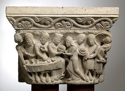 Feast of the Marriage at Cana depicted on a column capital from the Romanesque cathedral (1120–1140) (now in the Musée des Augustins, Toulouse)