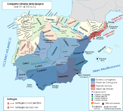 a colour map of the western Mediterranean region showing the areas controlled by Rome and Carthage.