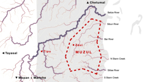 Map of the Muzul Territory in central Belize, covering the non-coastal portions of the drainage basins of the Sibun, Bar, Sittee Rivers and North Stann Creek; approximate locations of principal settlements marked; waterways shown.
