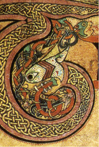 Detail of decorated Insular initial "T" with ribbon interlace filling and interlaced animal motif, Book of Kells, c.800, illuminated manuscript, Library of Trinity College Dublin