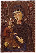 Mary and the child depicted as a hodegetria. Tesselated icon in monumental style, early 13th century. Saint Catherine's Monastery in the Sinai, Egypt.