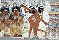 Aulosbläserin (ägyptischer Memet) und Tänzerinnen um 1400 v. Chr.