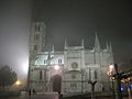 Front view of La Antigua Church in a misty winter night