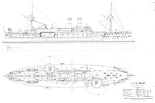 Profile and deck plan drawings of Maine, showing its echeloned turret placement