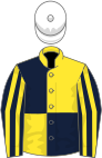Dark blue and yellow (quartered), striped sleeves, white cap