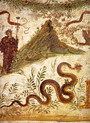 Bacchus clad with grapes, and a serpentine Agathodaimon ("good divinity"), genius of the soil around Vesuvius