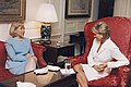First Lady Hillary Clinton and Diana, Princess of Wales chatting in the White House Map Room, 1997
