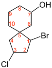 Positionen der Substituenten: 1-Brom-3-chlor-spiro[4.5]decan-7-ol
