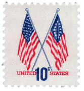 10¢ stamp released in 1973, showing a 50-star flag and a Betsy Ross flag together, to commemorate the United States Bicentennial.[70]