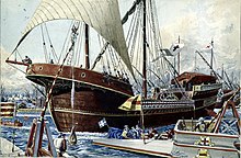Painting of a large-hulled, lateen-sailed ship amidst a fleet of smaller vessels