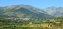 View of Aldeanueva de la Vera at the feet of the Sierra de Gredos.