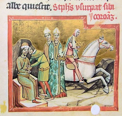 Chronicon Pictum, Hungarian, Hungary, King Ladislaus II, crown, stealing, white horse, Holy Crown of Hungary, medieval, chronicle, book, illumination, illustration, history