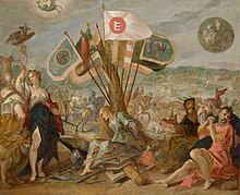 A captured woman sits before flags, surrounded by captured men and a half naked woman holding a spear with the imperial twin-headed eagle