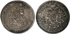 Hungarian Thaler of Leopold I minted in 1692. Latin inscription: Obverse, LEOPOLDVS D[EI] G[RATIA] RO[MANORVM] I[MPERATOR] S[EMPER] AVG[VSTVS] GER[MANIAE] HV[NGARIAE] BO[HEMIAE] REX; Reverse, ARCHIDVX AVS[TRIAE] DVX BVR[GVNDIAE] MAR[CHIO] MOR[AVIAE] CO[MES] TY[ROLIS] 1692, "Leopold, by the grace of God, Emperor of the Romans, Ever Augustus, King of Germany, Hungary, and Bohemia; Archduke of Austria, Duke of Burgundy, Margrave of Moravia, Count of Tyrol 1692"