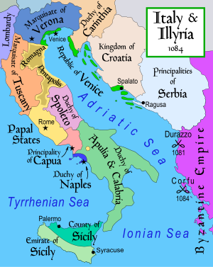 Multicoloured map of Italian peninsula, showing smaller states