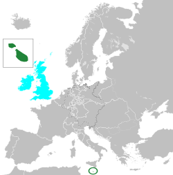 Europe in 1815, Malta in dark green, United Kingdom in cyan