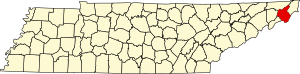 Map of Tennessee highlighting Carter County