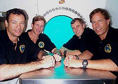 First NASA Extreme Environment Mission Operations (NEEMO) expedition crew: From left to right, in front is Mike Lopez-Alegria and Bill Todd, in back is Mike Gernhardt and Dave Williams.